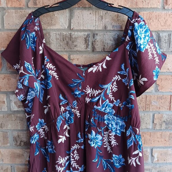 Terra & Sky Women's Plus Flutter Sleeve Midi Tiered Dress Maroon Floral Size 3X - Picture 3 of 15